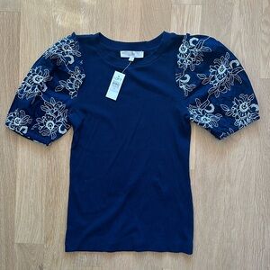 NWT Loft Ribbed Top with Embroidered Sleeves